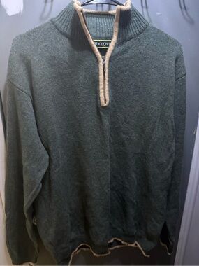 WoolOvers Men's Dark Green Quarter-Zip 100% Wool Sweater with Contrast Trim